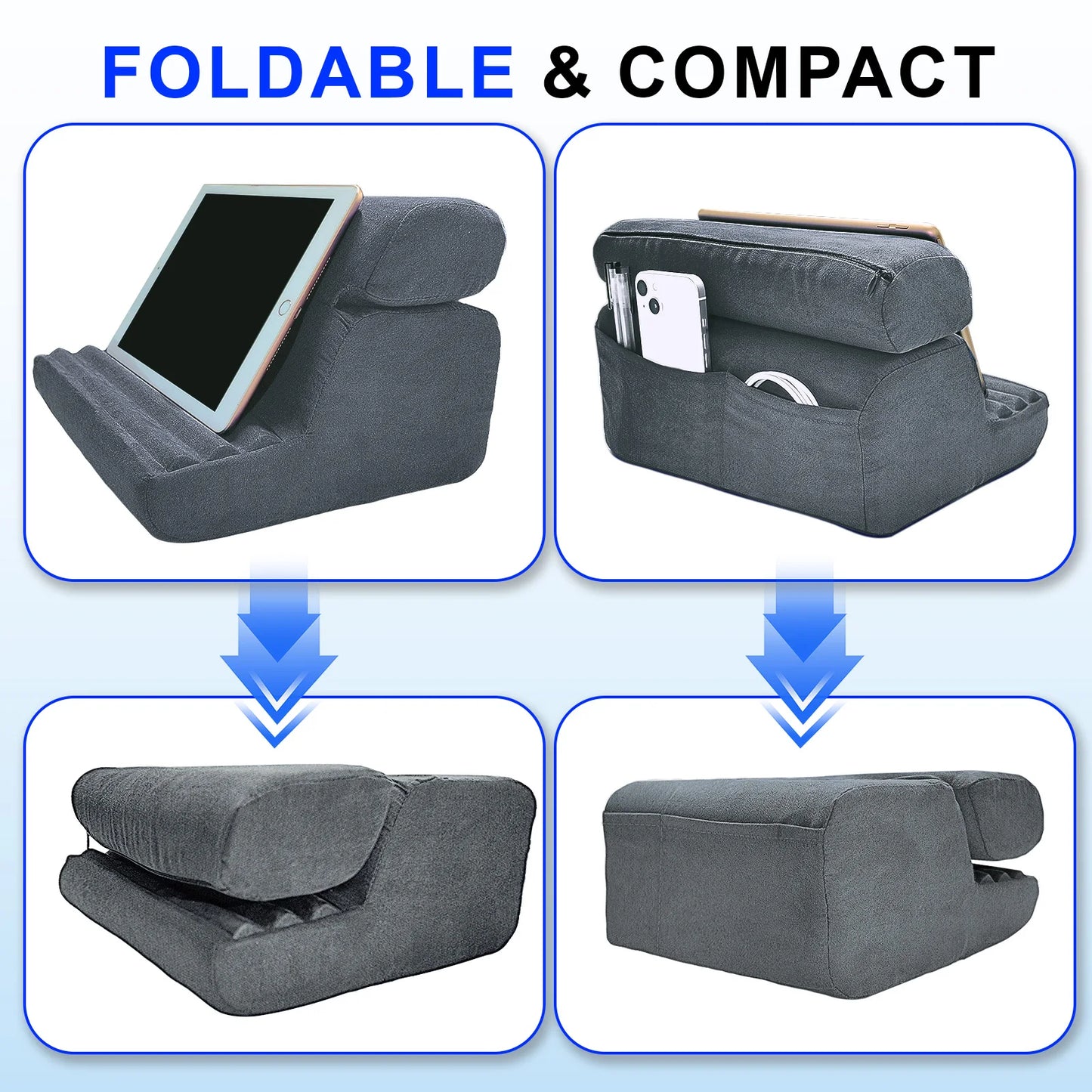Xnyocn Tablet Pillow Holder Foldable IPad Stand for Lap Bed and Desk Tablet Soft Pad Dock with Pocket Stylus Mount for IPad Pro